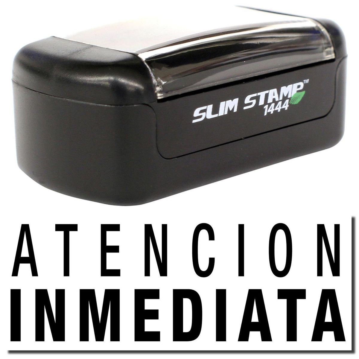 A stock office pre-inked stamp with a stamped image showing how the text &quot;ATENCION INMEDIATA&quot; is displayed after stamping.