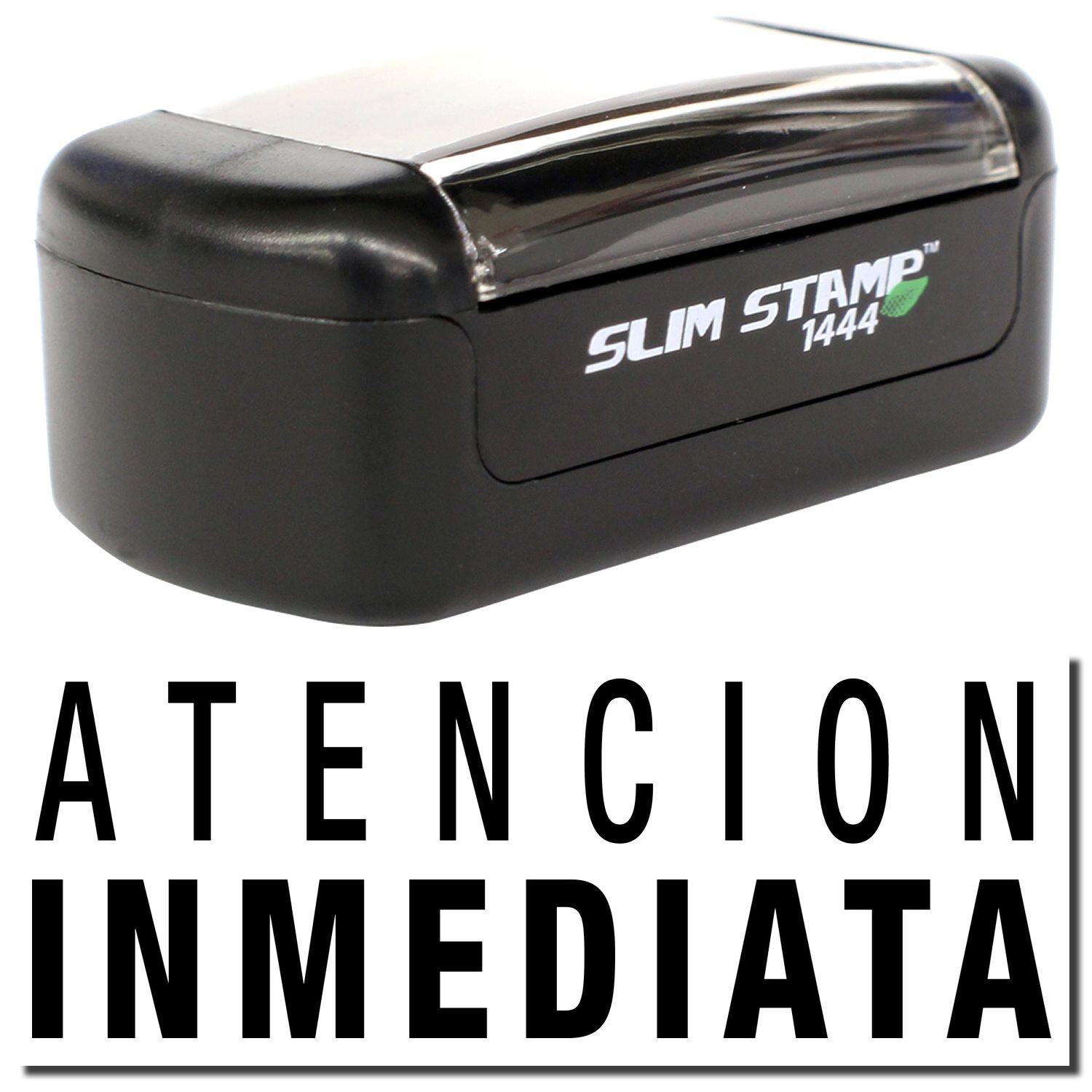 A stock office pre-inked stamp with a stamped image showing how the text "ATENCION INMEDIATA" is displayed after stamping.