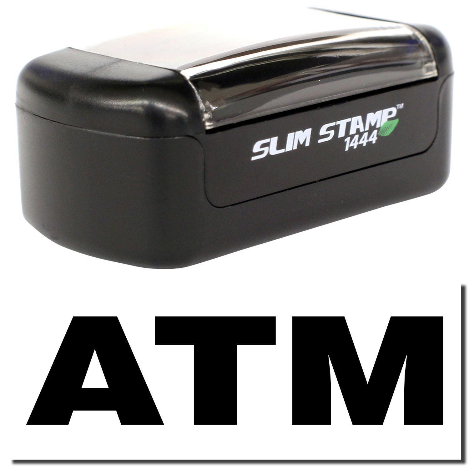 A stock office pre-inked stamp with a stamped image showing how the text "ATM" is displayed after stamping.