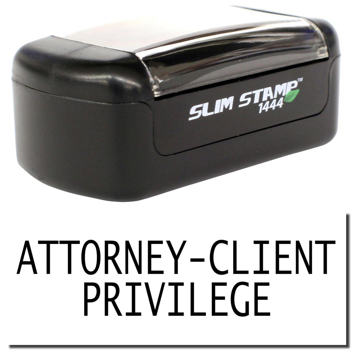 A stock office pre-inked stamp with a stamped image showing how the text &quot;ATTORNEY-CLIENT PRIVILEGE&quot; in a Times font is displayed after stamping.