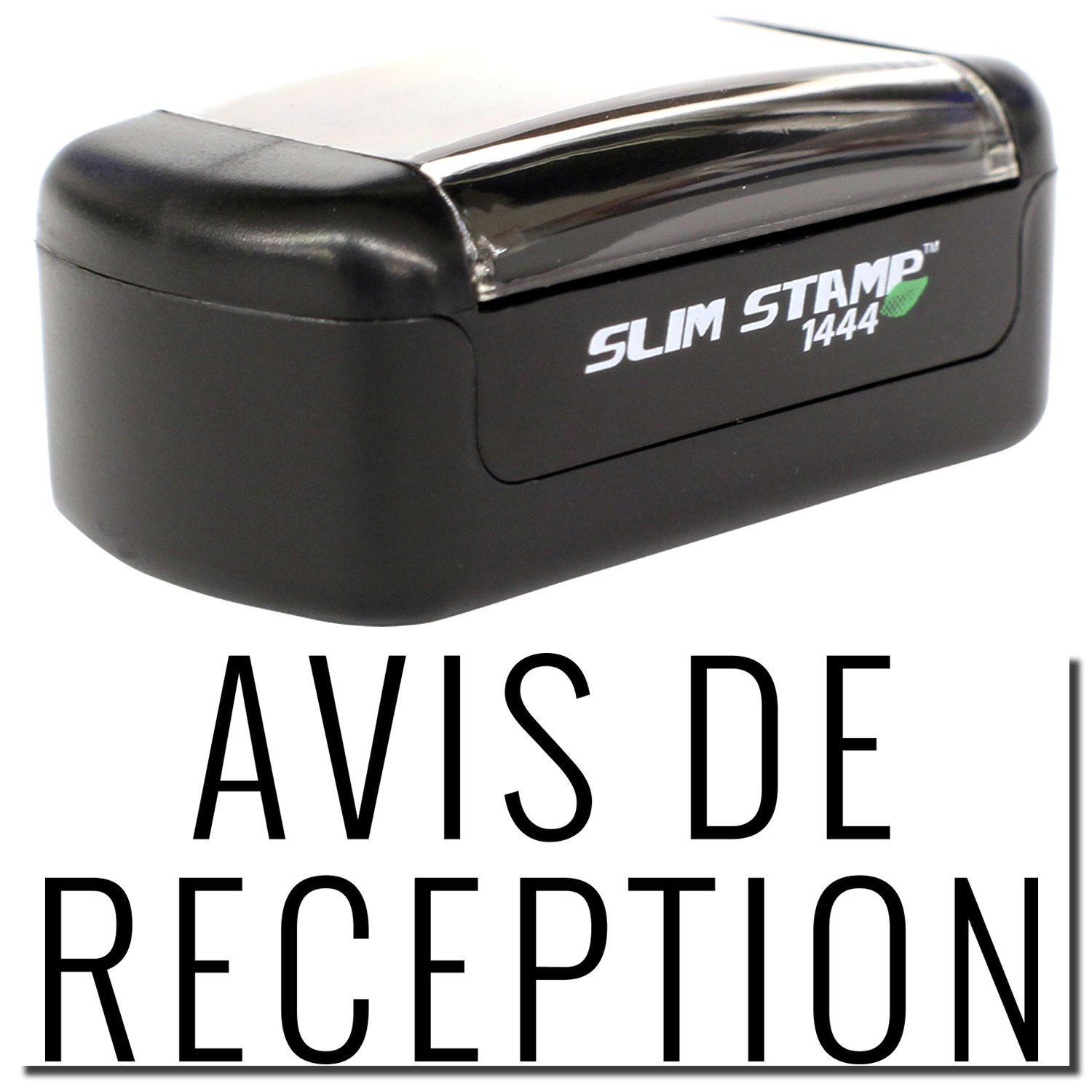 A stock office pre-inked stamp with a stamped image showing how the text AVIS DE RECEPTION is displayed after stamping.