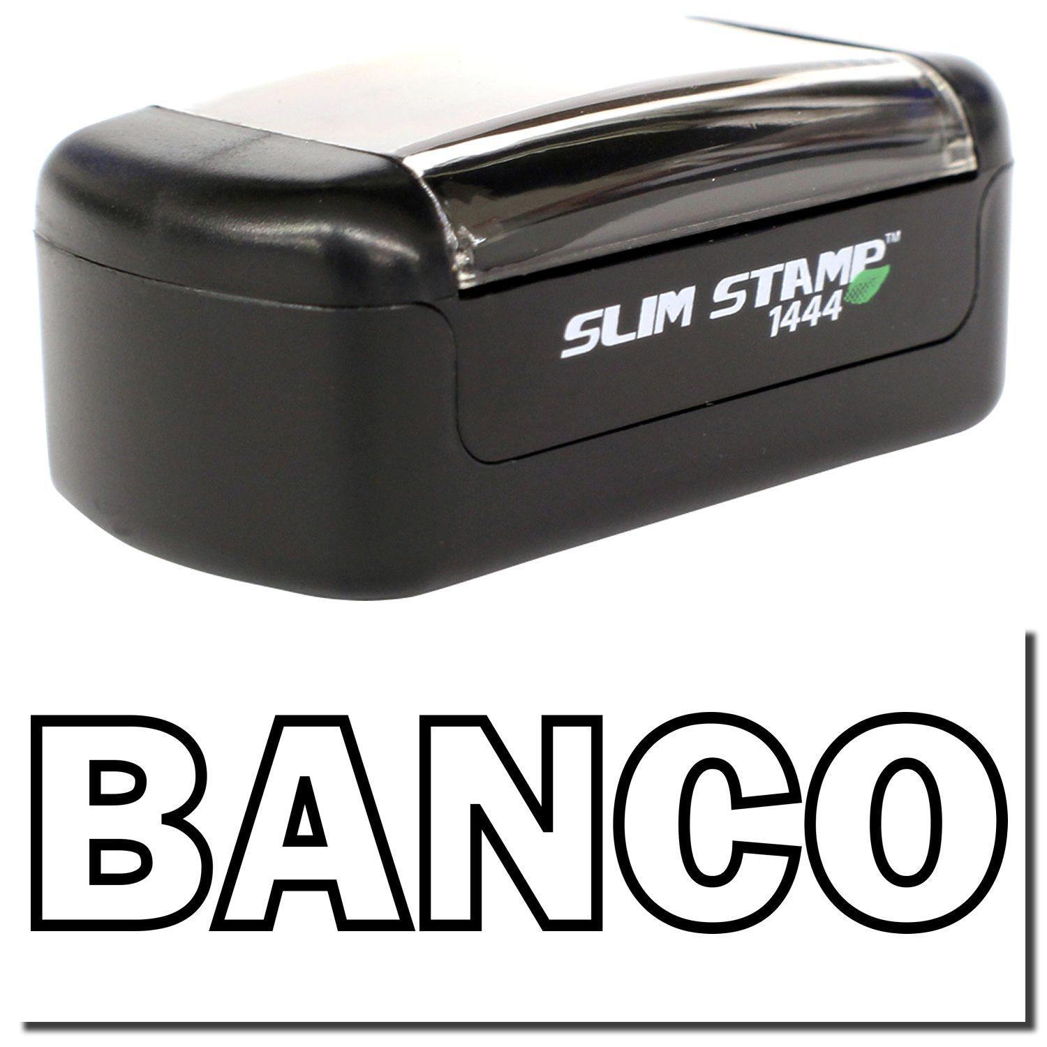 A stock office pre-inked stamp with a stamped image showing how the text "BANCO" in an outline font is displayed after stamping.