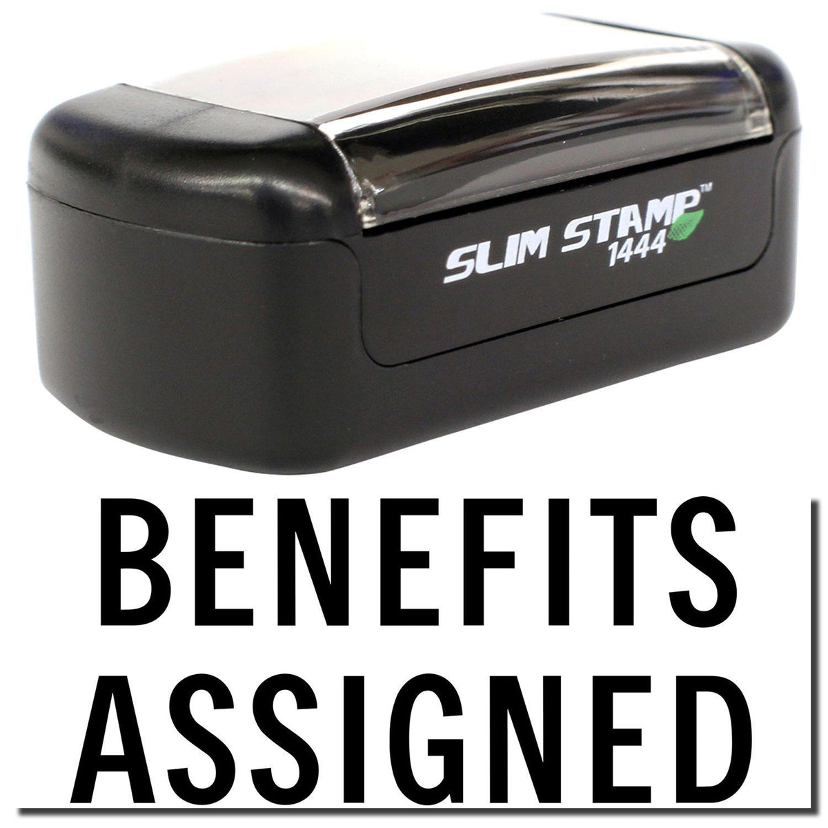 A stock office pre-inked stamp with a stamped image showing how the text &quot;BENEFITS ASSIGNED&quot; is displayed after stamping.