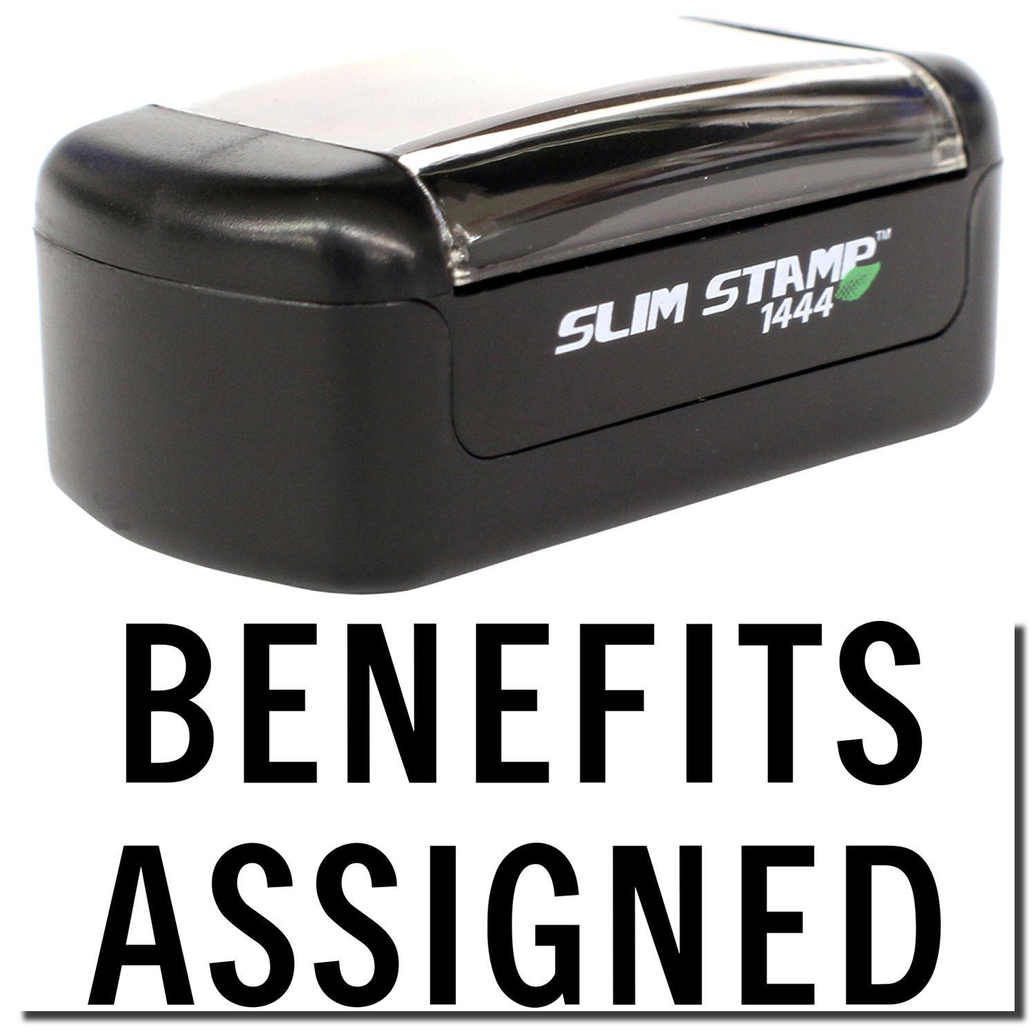 A stock office pre-inked stamp with a stamped image showing how the text "BENEFITS ASSIGNED" is displayed after stamping.
