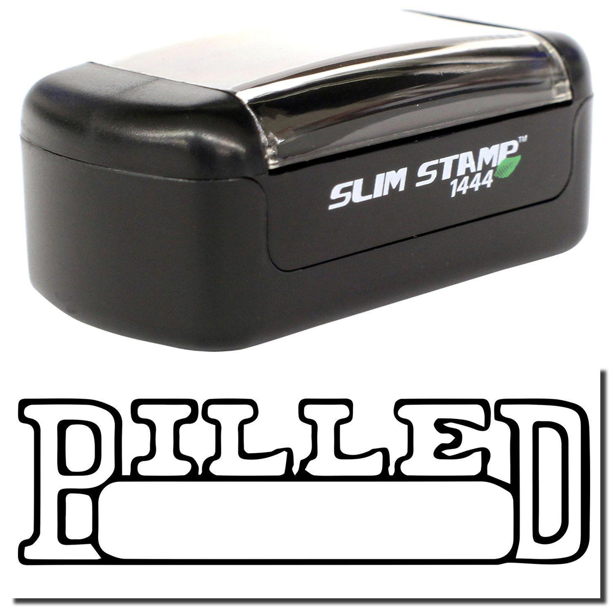 A stock office pre-inked stamp with a stamped image showing how the text &quot;BILLED&quot; in an outline font with a date box is displayed after stamping.