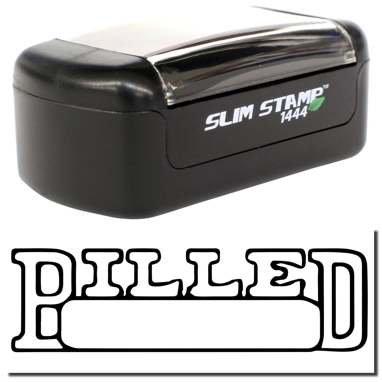 A stock office pre-inked stamp with a stamped image showing how the text "BILLED" in an outline font with a date box is displayed after stamping.