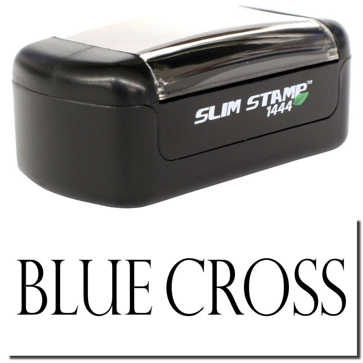A stock office pre-inked stamp with a stamped image showing how the text &quot;BLUE CROSS&quot; is displayed after stamping.
