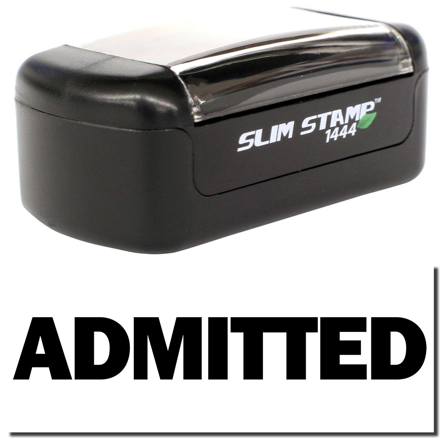 A stock office pre-inked stamp with a stamped image showing how the text ADMITTED in bold font is displayed after stamping.