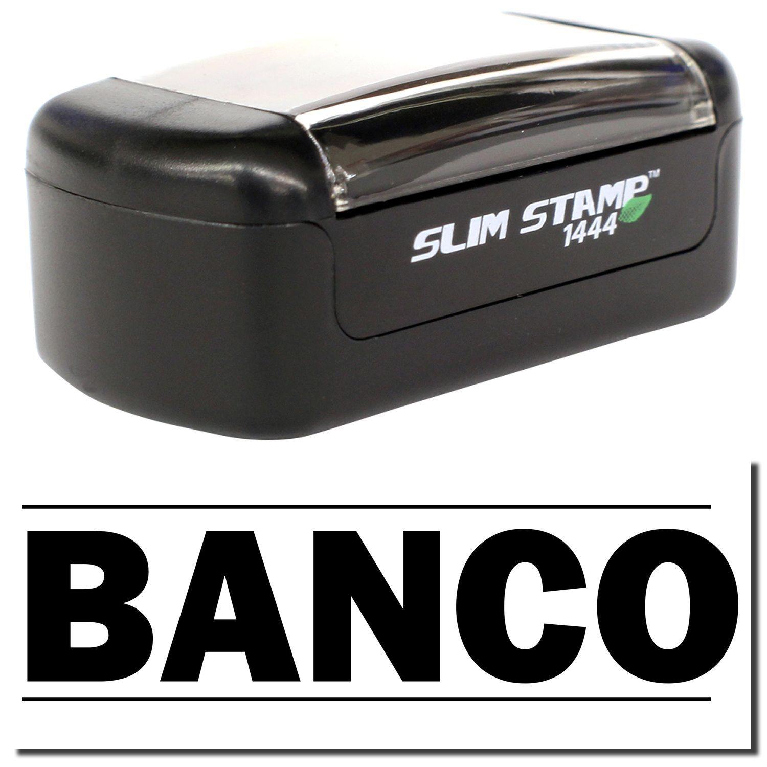 A stock office pre-inked stamp with a stamped image showing how the text "BANCO" in bold font with a line both above and below the text is displayed after stamping.