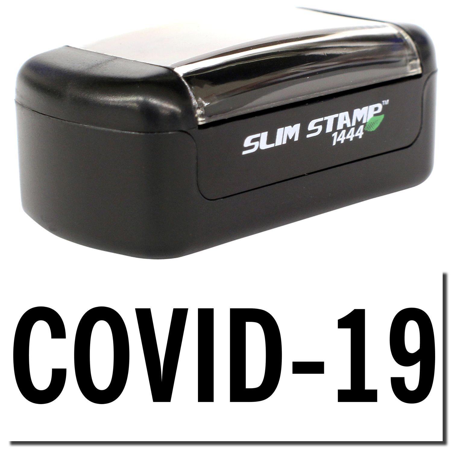 A stock office pre-inked stamp with a stamped image showing how the text "COVID-19" in bold font is displayed after stamping.