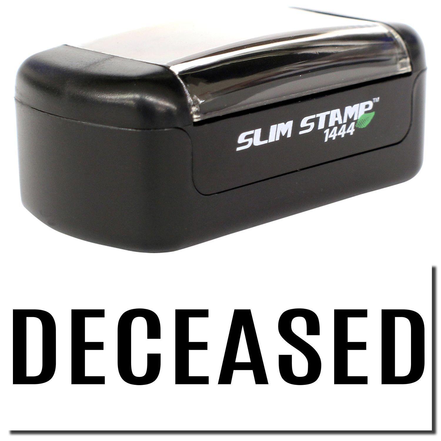 A stock office pre-inked stamp with a stamped image showing how the text "DECEASED" in bold font is displayed after stamping.