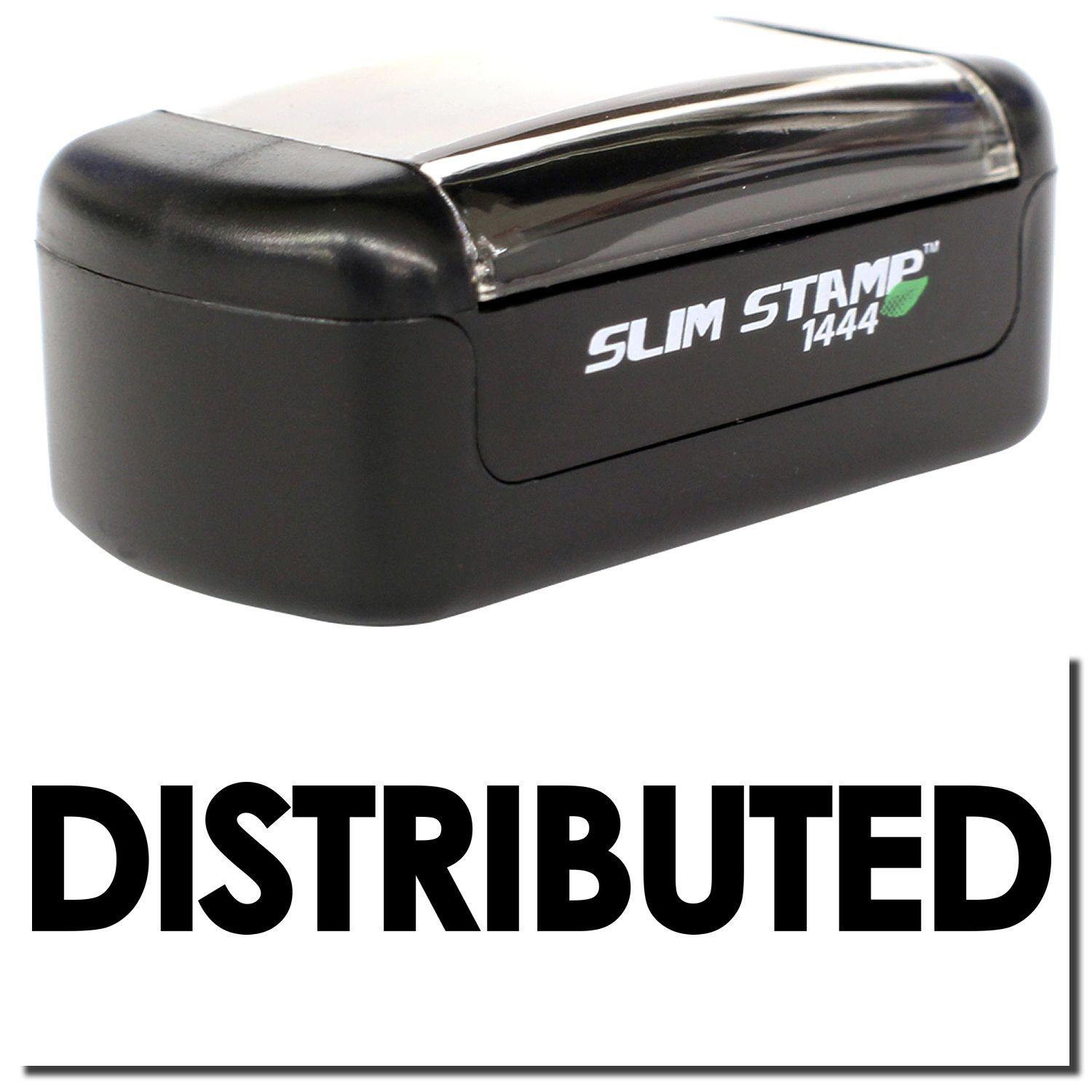 A stock office pre-inked stamp with a stamped image showing how the text "DISTRIBUTED" in bold font is displayed after stamping.