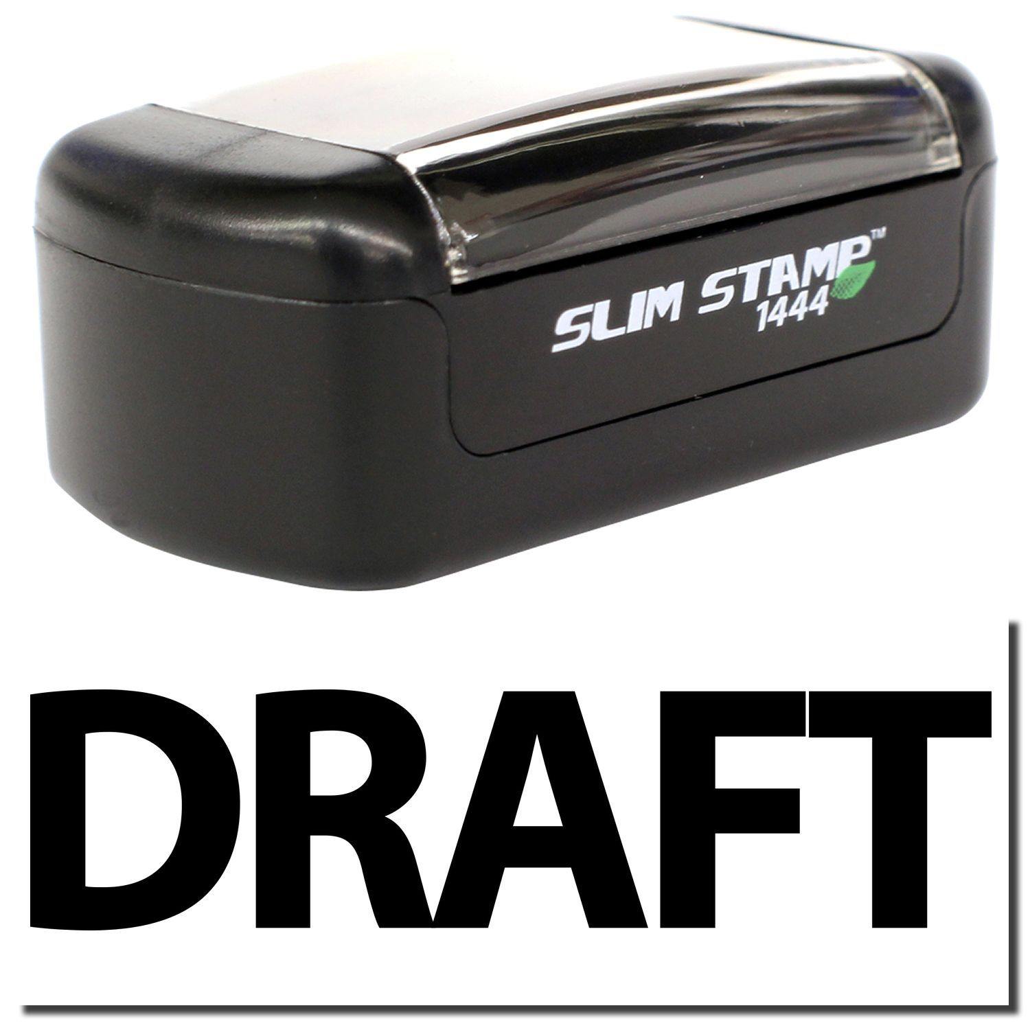A stock office pre-inked stamp with a stamped image showing how the text "DRAFT" in bold font is displayed after stamping.