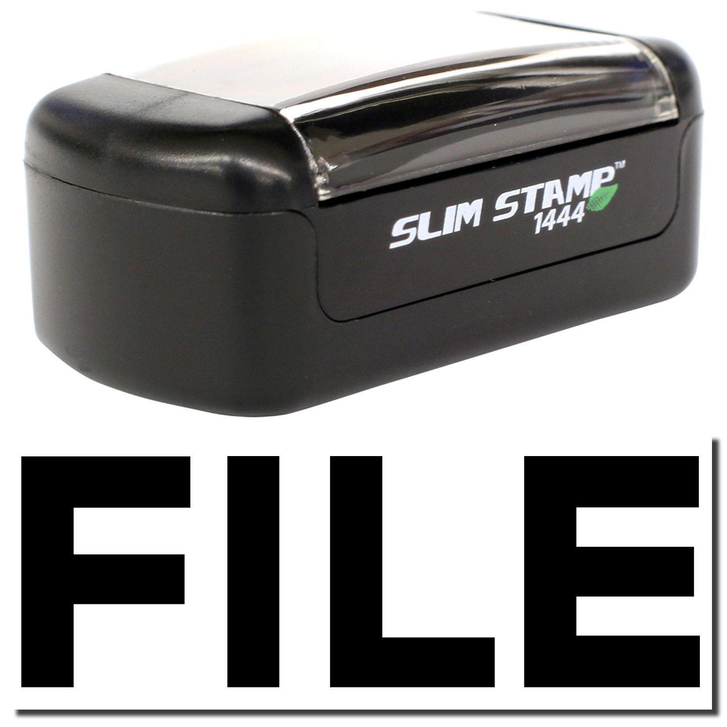 A stock office pre-inked stamp with a stamped image showing how the text "FILE" in bold font is displayed after stamping.