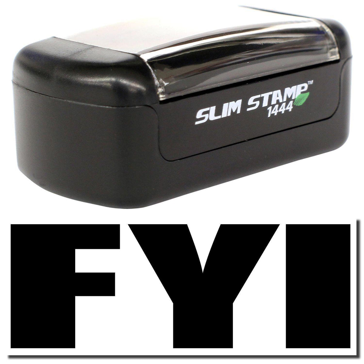 A stock office pre-inked stamp with a stamped image showing how the text &quot;FYI&quot; in bold font is displayed after stamping.