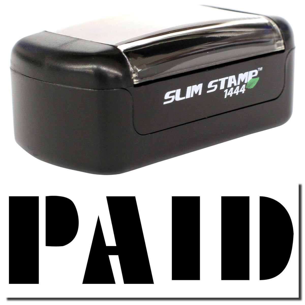 A stock office pre-inked stamp with a stamped image showing how the text &quot;PAID&quot; in bold font is displayed after stamping.