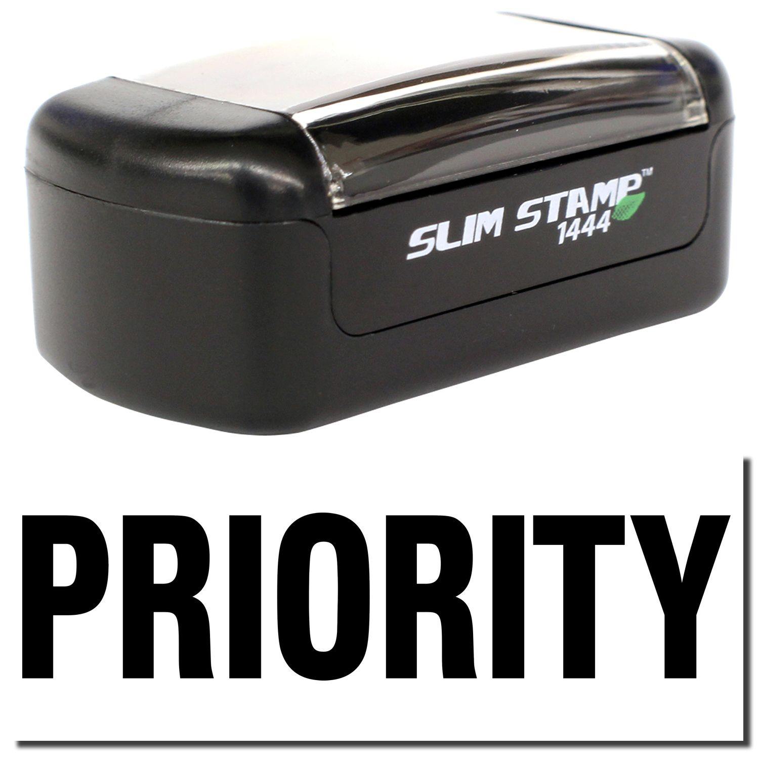 A stock office pre-inked stamp with a stamped image showing how the text "PRIORITY" in bold font is displayed after stamping.
