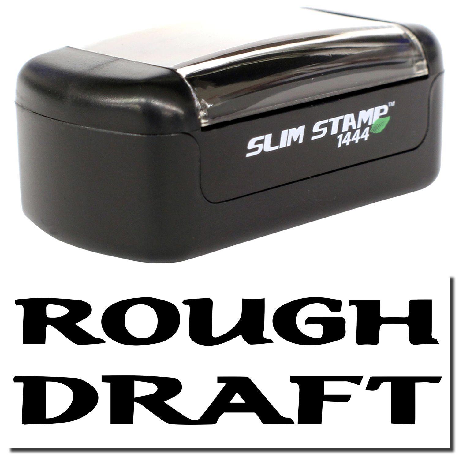 A stock office pre-inked stamp with a stamped image showing how the text "ROUGH DRAFT" in bold font is displayed after stamping.