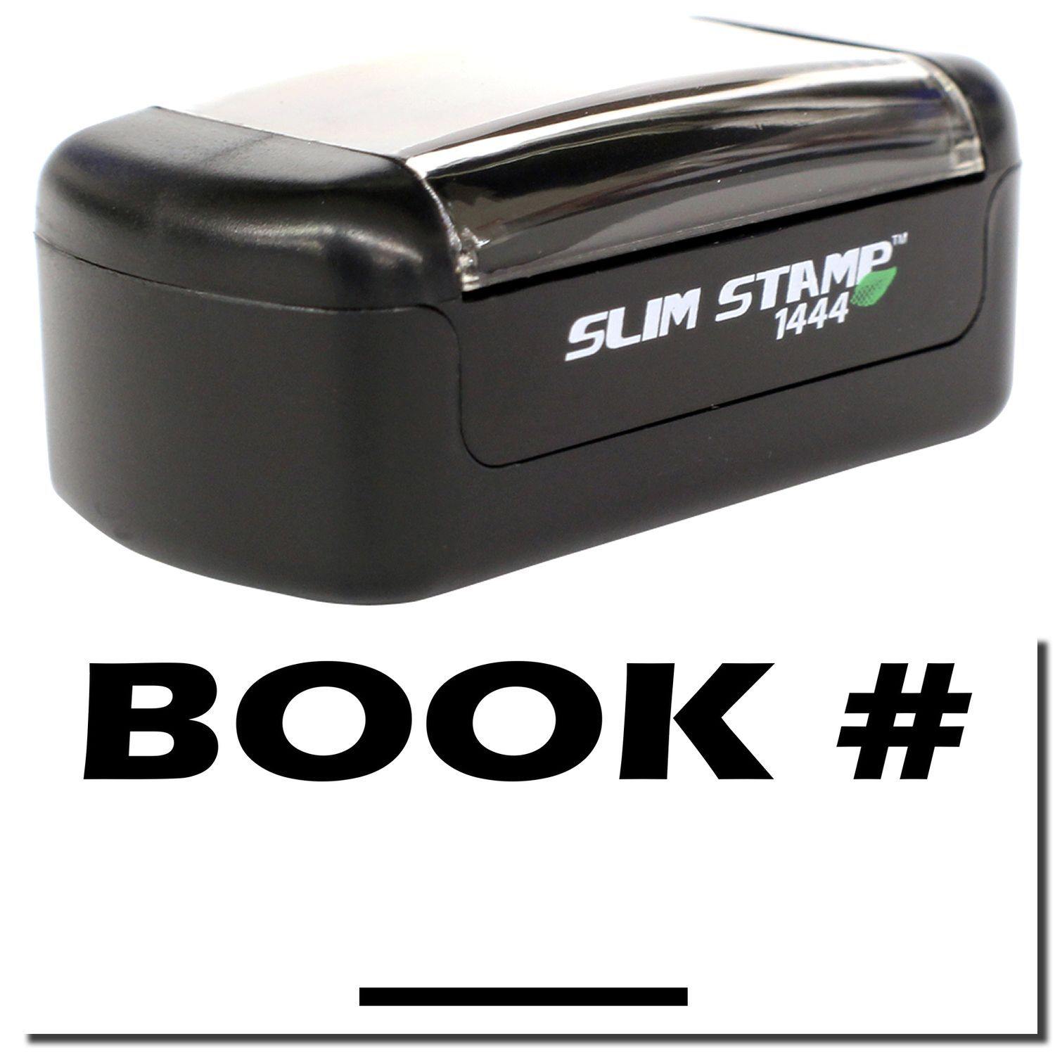 A stock office pre-inked stamp with a stamped image showing how the text "BOOK" with a hashtag sign (#) and a line under the text is displayed after stamping.