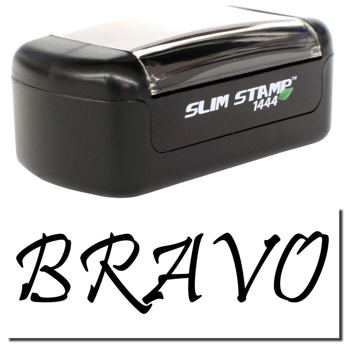 A stock office pre-inked stamp with a stamped image showing how the text &quot;BRAVO&quot; is displayed after stamping.