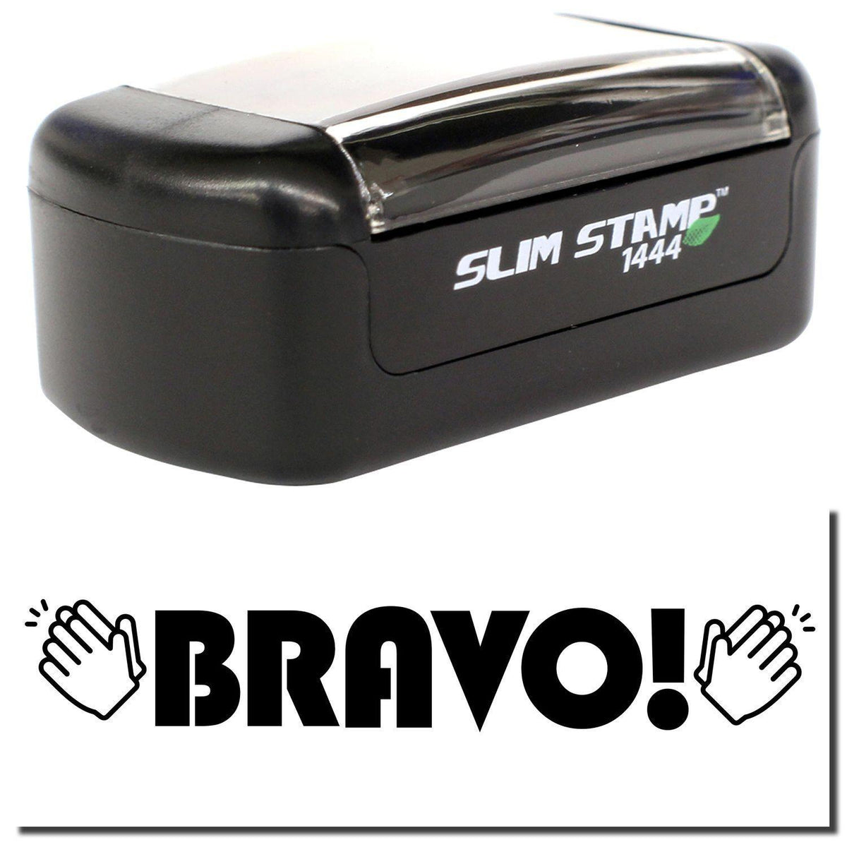 A stock office pre-inked stamp with a stamped image showing how the text &quot;BRAVO!&quot; with clapping hands on both sides of the text is displayed after stamping.