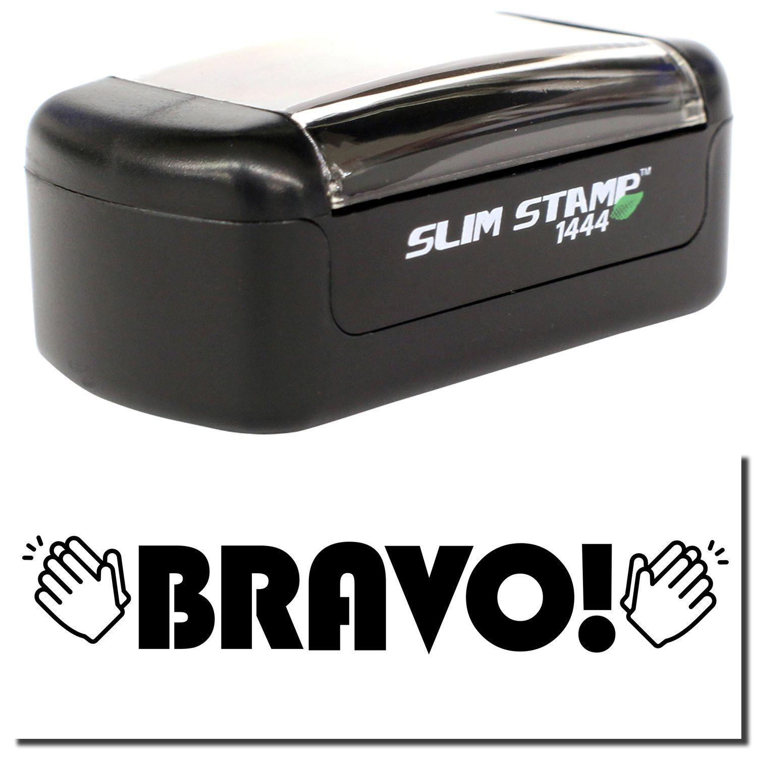 A stock office pre-inked stamp with a stamped image showing how the text "BRAVO!" with clapping hands on both sides of the text is displayed after stamping.