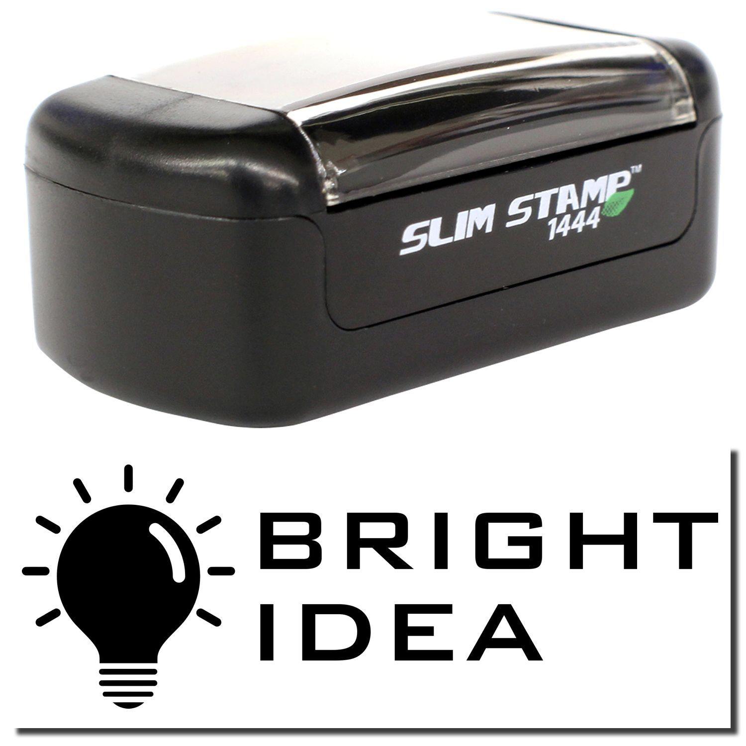 A stock office pre-inked stamp with a stamped image showing how the text "BRIGHT IDEA" in a tech-style font with an image of a bright lightbulb on the left is displayed after stamping.
