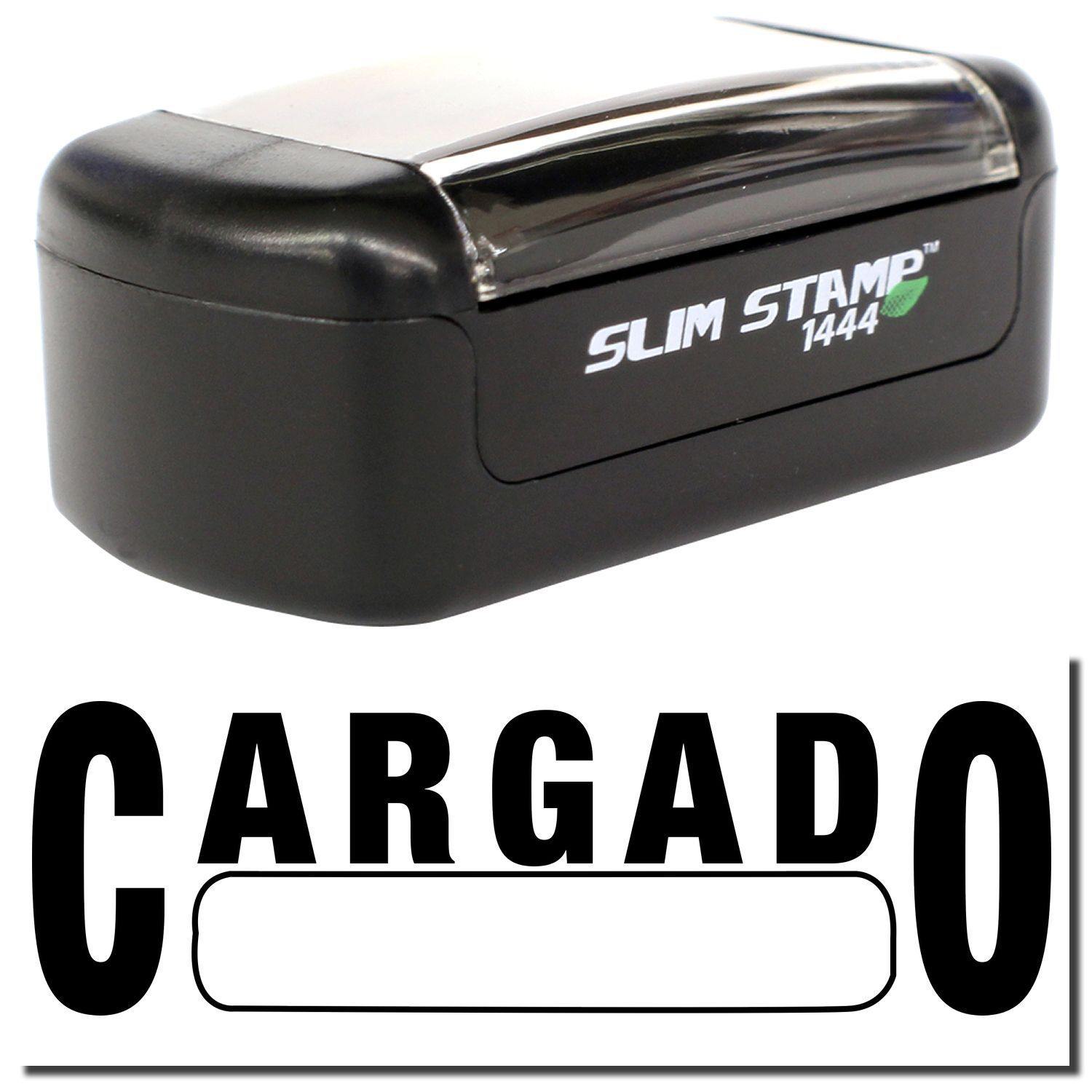 A stock office pre-inked stamp with a stamped image showing how the text CARGADO with a box is displayed after stamping.