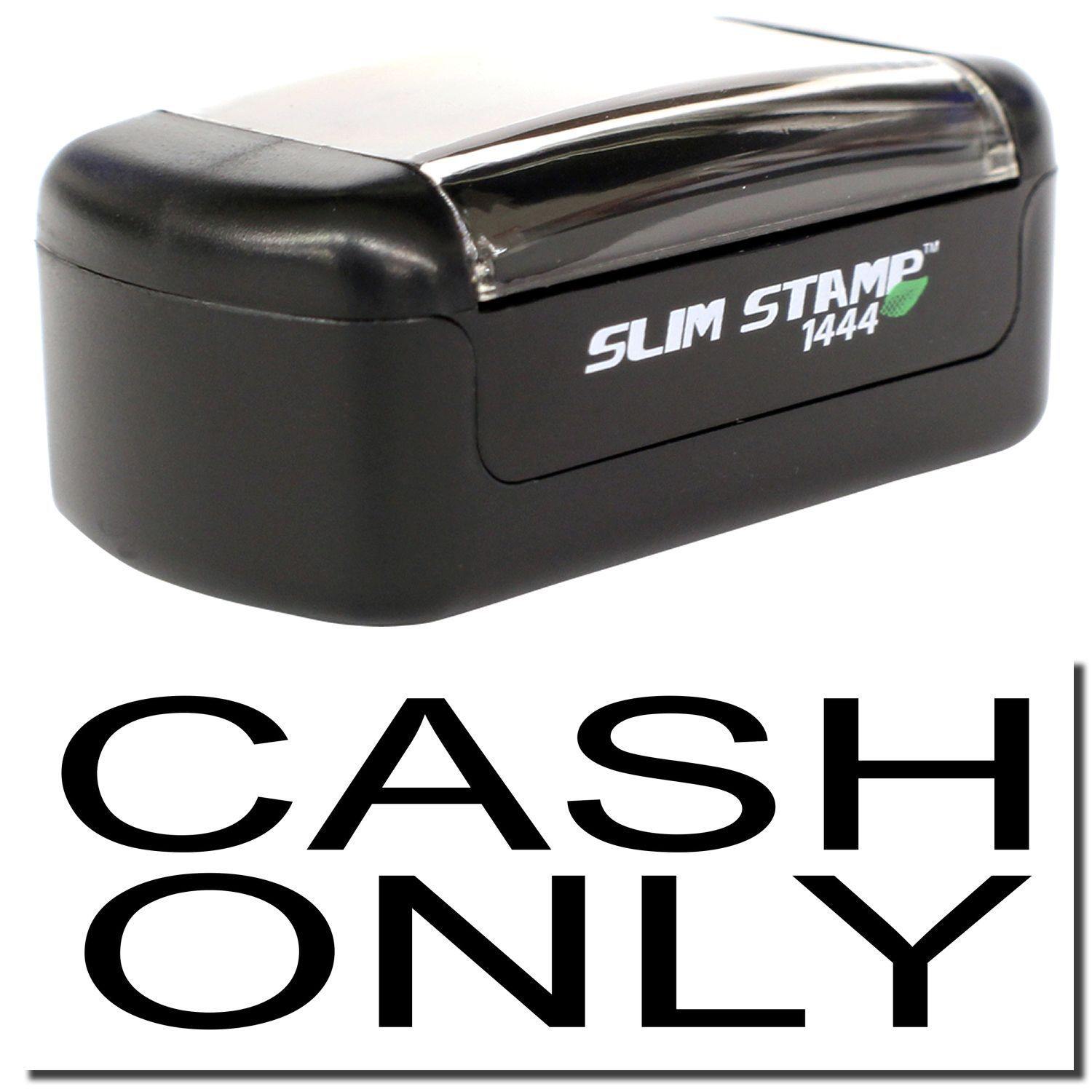 A stock office pre-inked stamp with a stamped image showing how the text CASH ONLY is displayed after stamping.