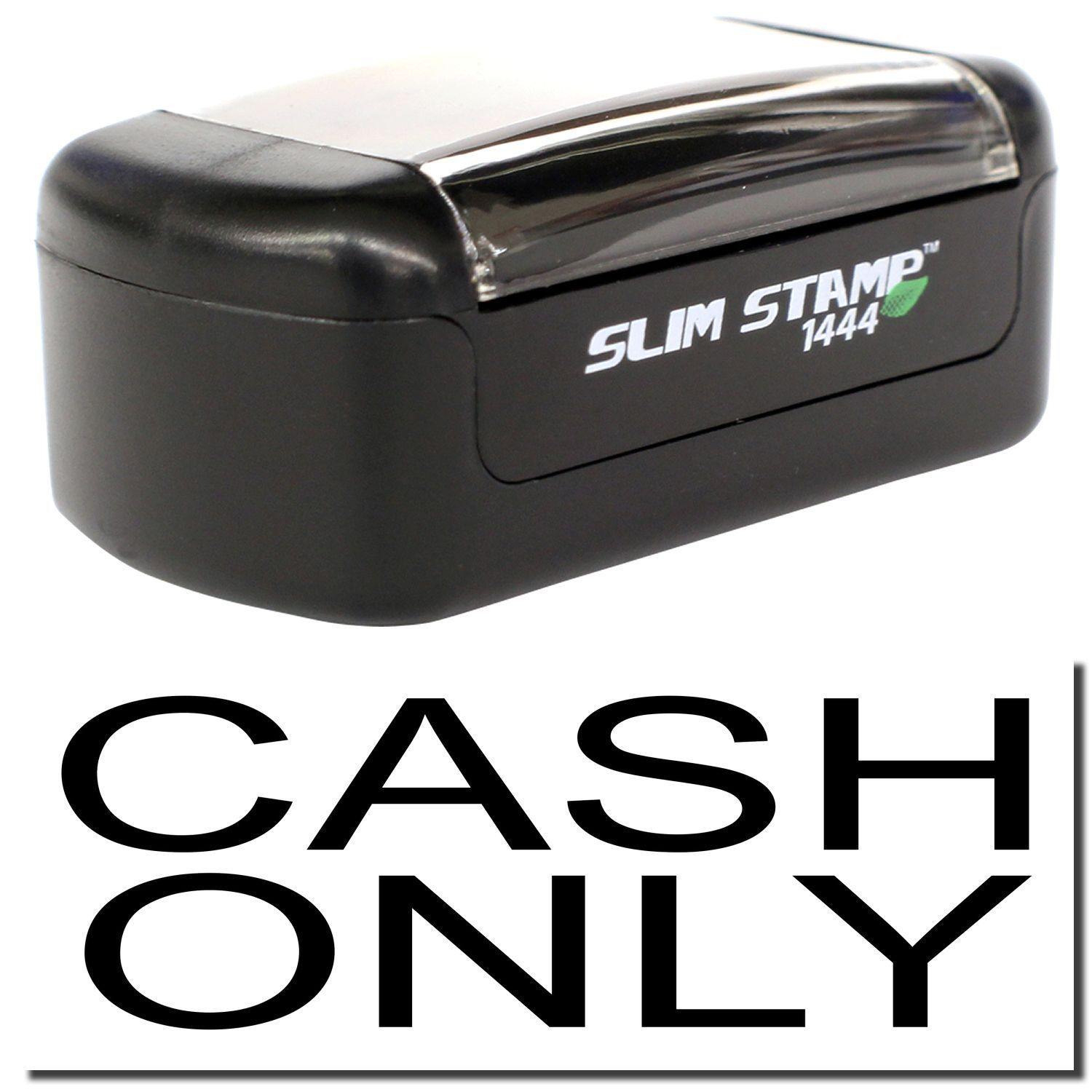 A stock office pre-inked stamp with a stamped image showing how the text "CASH ONLY" is displayed after stamping.