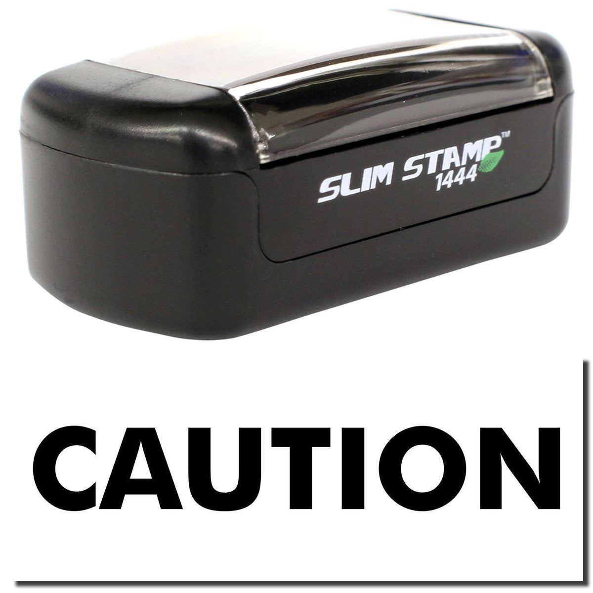 A stock office pre-inked stamp with a stamped image showing how the text &quot;CAUTION&quot; is displayed after stamping.