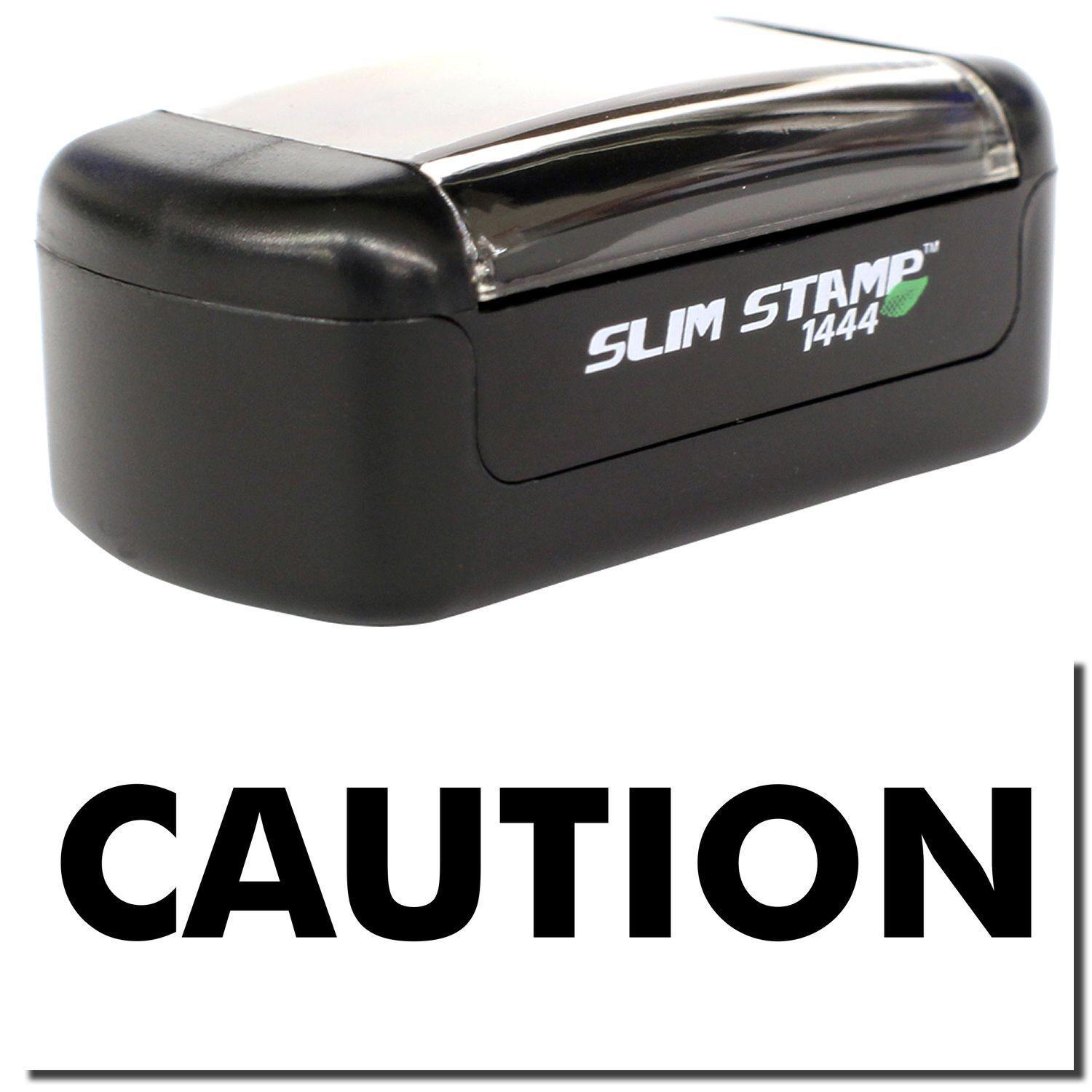 A stock office pre-inked stamp with a stamped image showing how the text "CAUTION" is displayed after stamping.