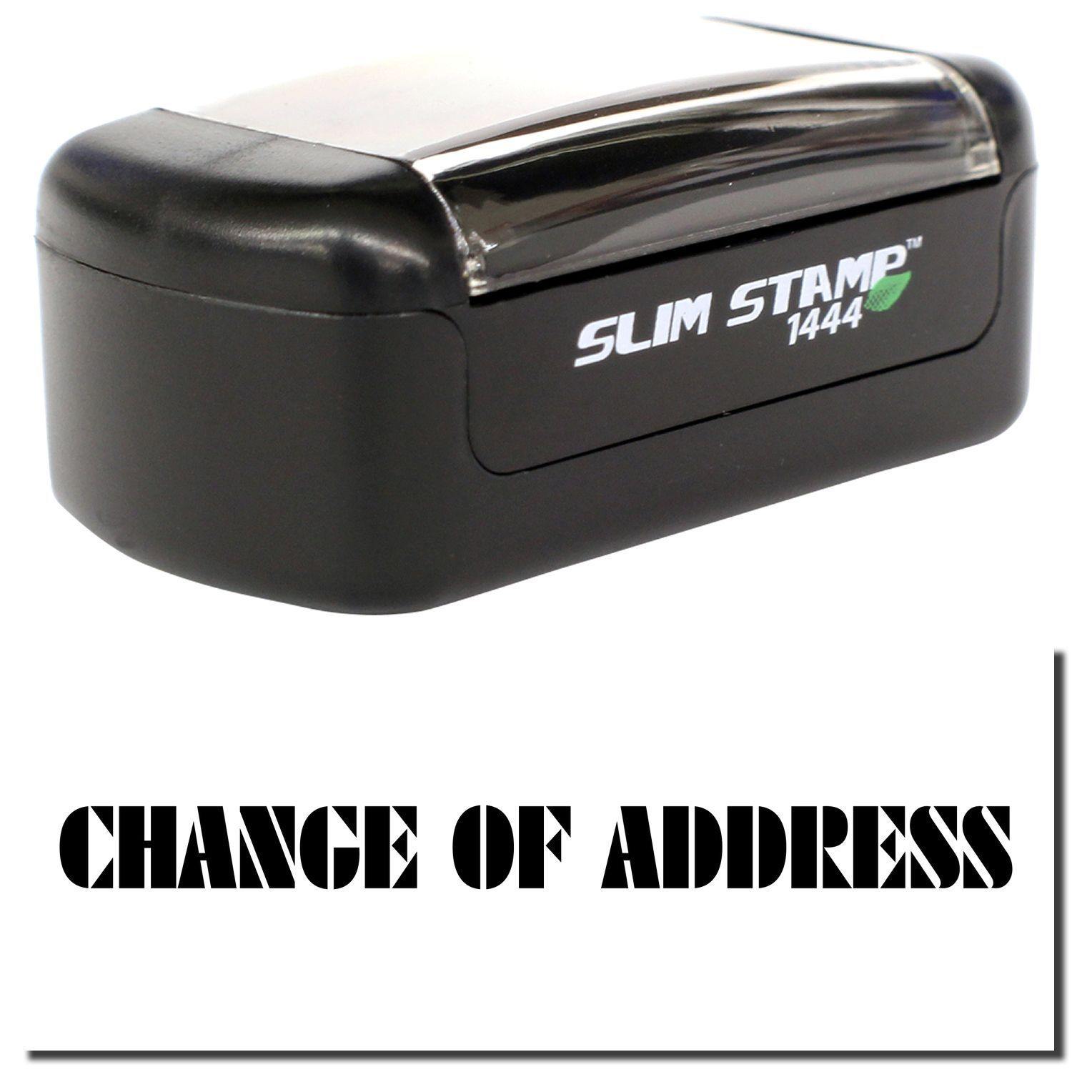 A stock office pre-inked stamp with a stamped image showing how the text CHANGE OF ADDRESS is displayed after stamping.