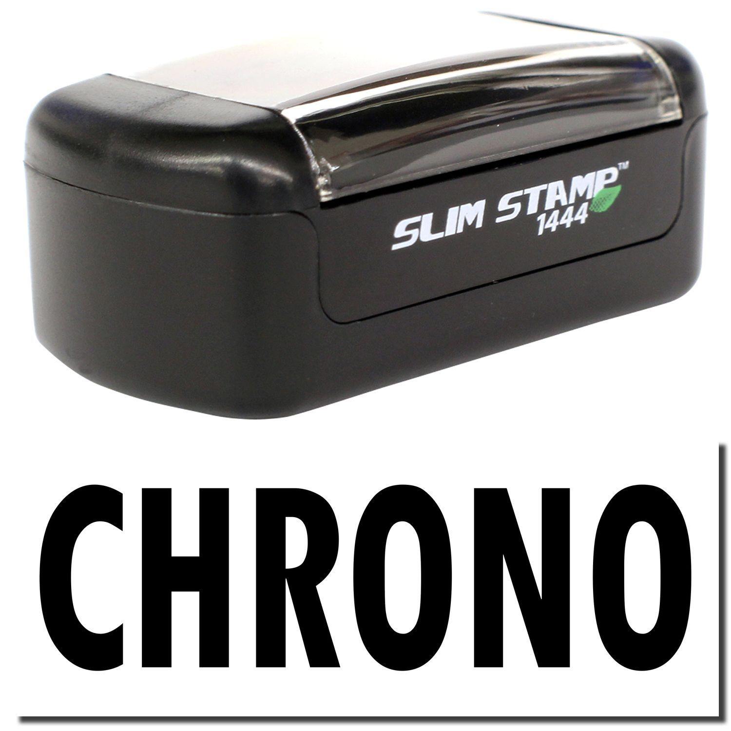 A stock office pre-inked stamp with a stamped image showing how the text CHRONO is displayed after stamping.