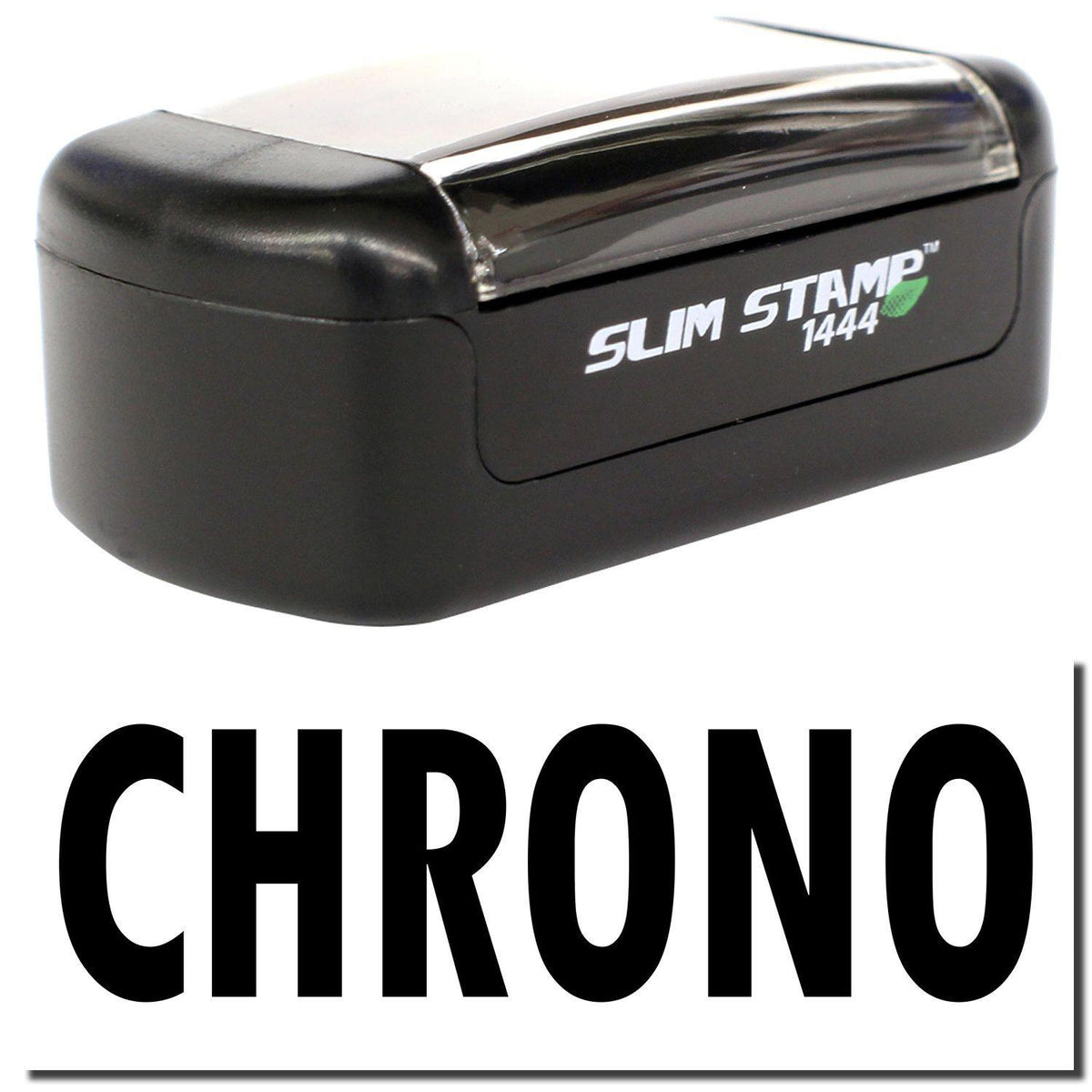 A stock office pre-inked stamp with a stamped image showing how the text &quot;CHRONO&quot; is displayed after stamping.
