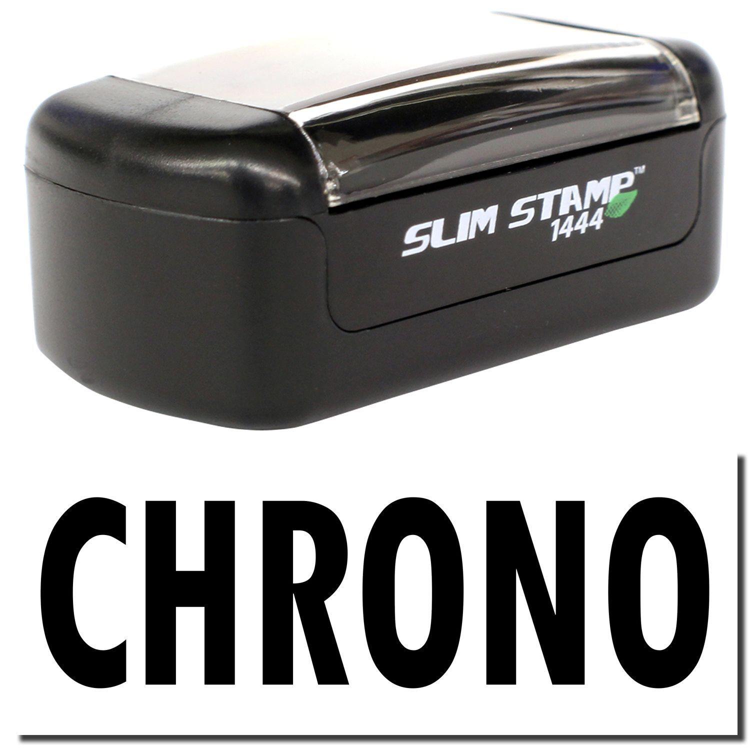 A stock office pre-inked stamp with a stamped image showing how the text "CHRONO" is displayed after stamping.