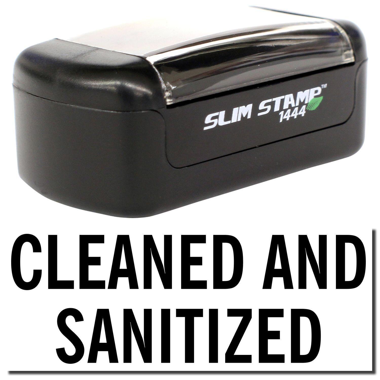 A stock office pre-inked stamp with a stamped image showing how the text CLEANED AND SANITIZED is displayed after stamping.