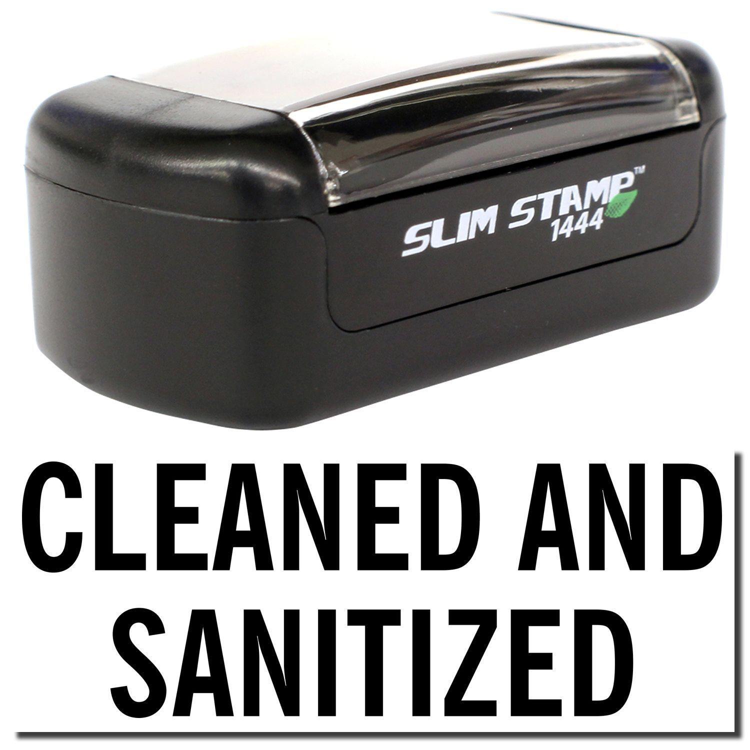 A stock office pre-inked stamp with a stamped image showing how the text "CLEANED AND SANITIZED" is displayed after stamping.