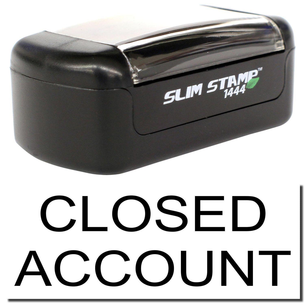 A stock office pre-inked stamp with a stamped image showing how the text &quot;CLOSED ACCOUNT&quot; is displayed after stamping.