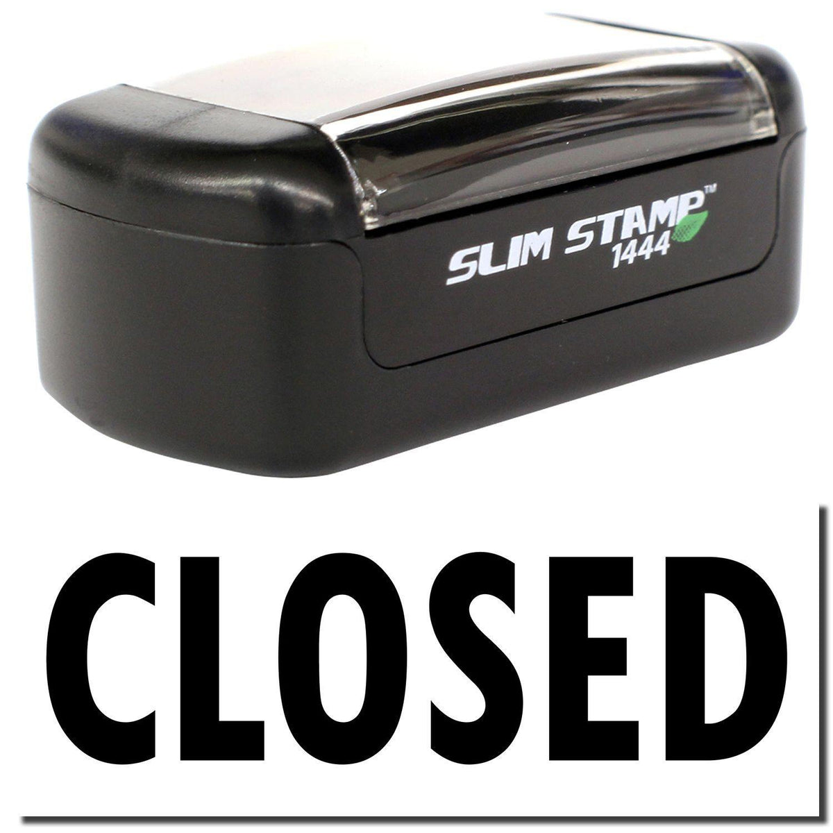 A stock office pre-inked stamp with a stamped image showing how the text &quot;CLOSED&quot; is displayed after stamping.
