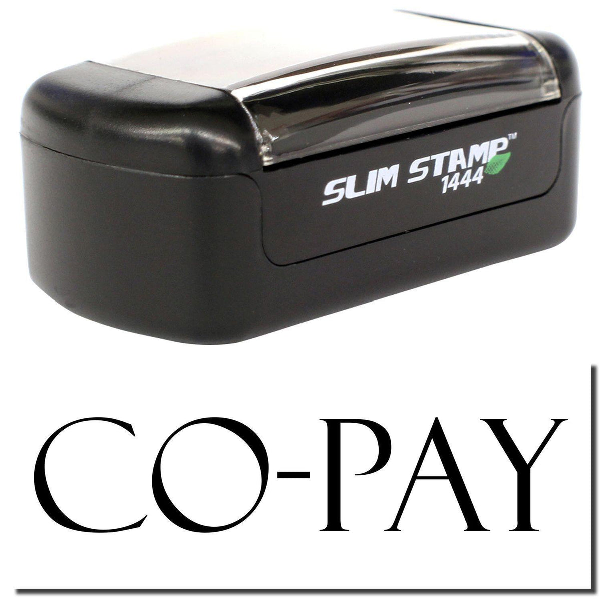 A stock office pre-inked stamp with a stamped image showing how the text &quot;CO-PAY&quot; is displayed after stamping.