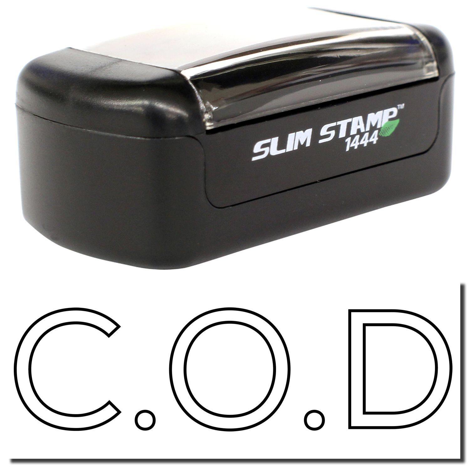 A stock office pre-inked stamp with a stamped image showing how the text "C.O.D" in an outline style is displayed after stamping.