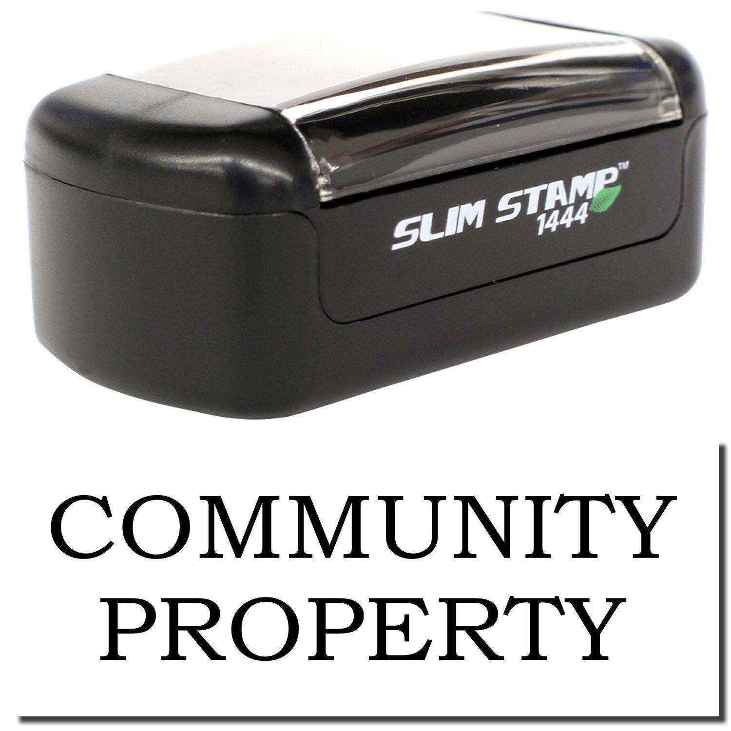 A stock office pre-inked stamp with a stamped image showing how the text "COMMUNITY PROPERTY" is displayed after stamping.