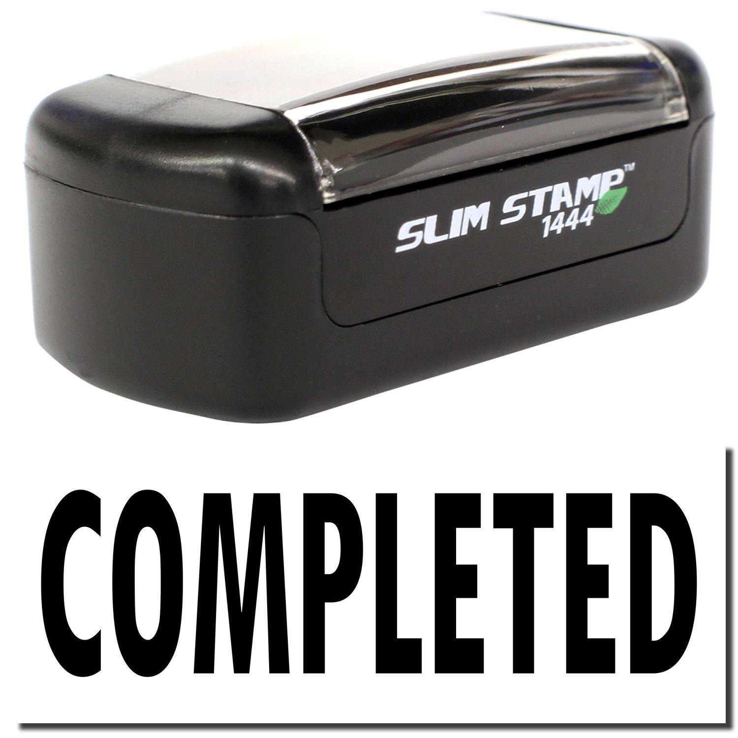 A stock office pre-inked stamp with a stamped image showing how the text "COMPLETED" is displayed after stamping.