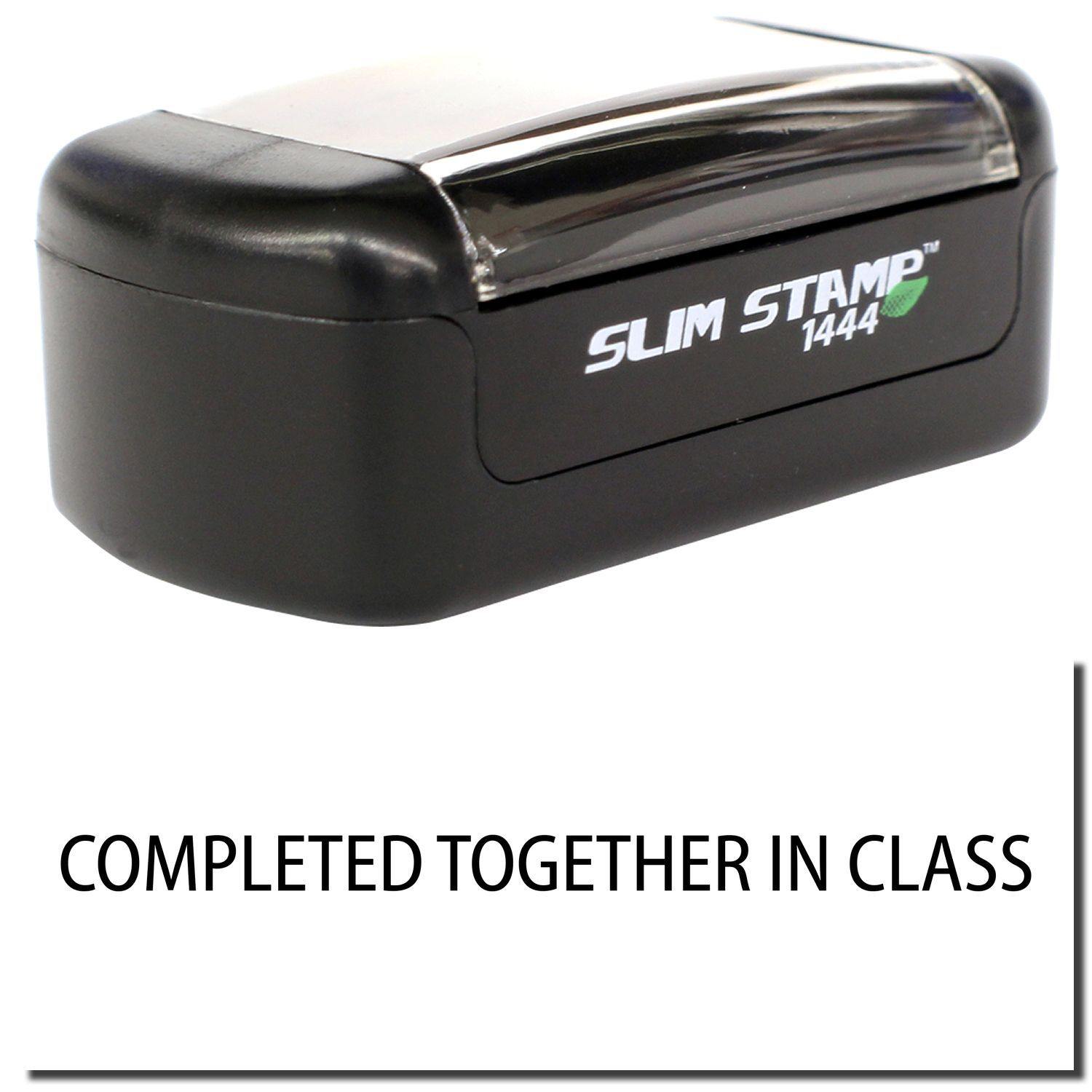 A stock office pre-inked stamp with a stamped image showing how the text "COMPLETED TOGETHER IN CLASS" is displayed after stamping.