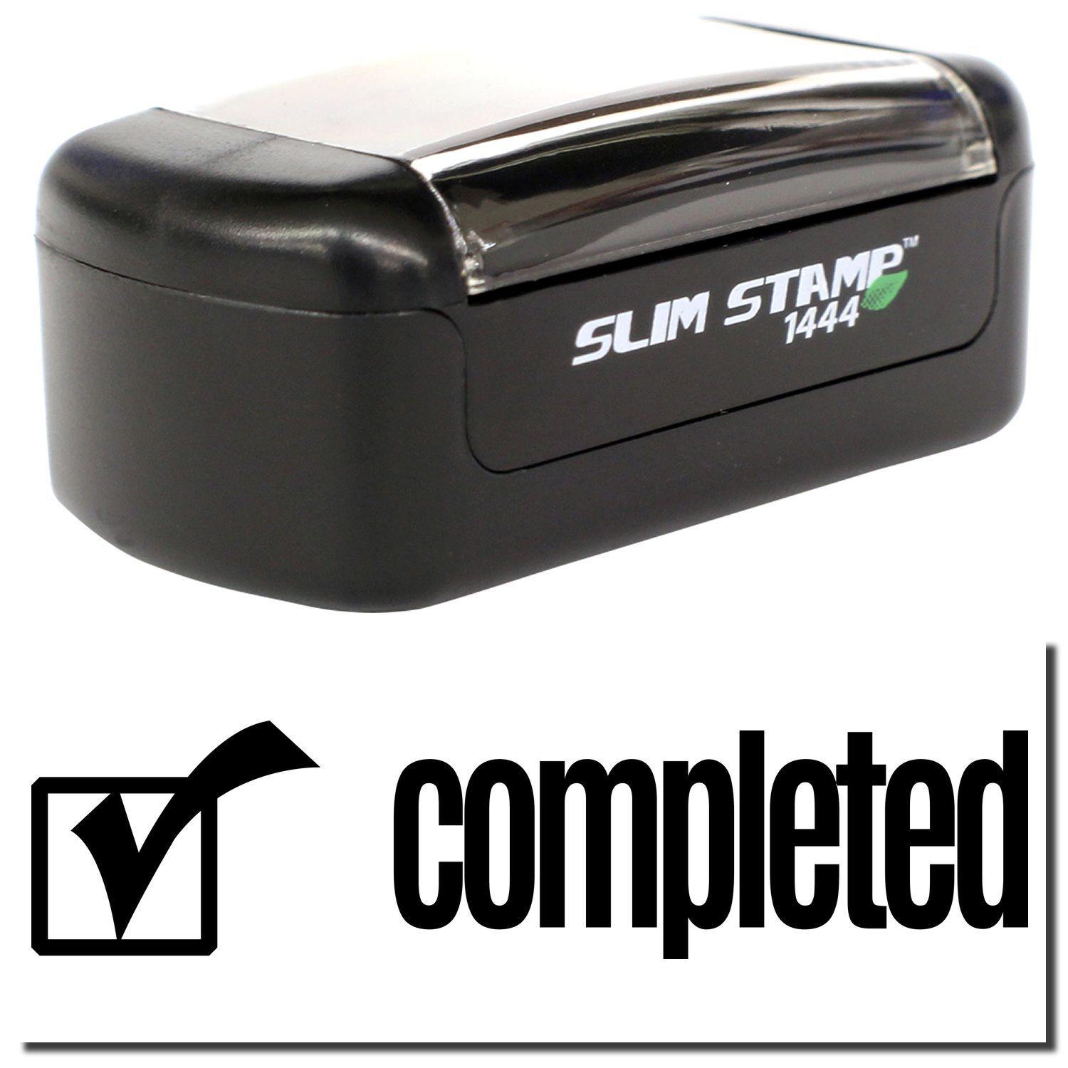 A stock office pre-inked stamp with a stamped image showing how the text completed with a checkbox on the left side is displayed after stamping.