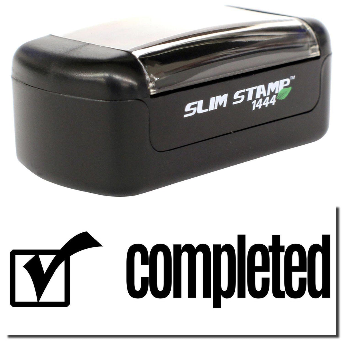A stock office pre-inked stamp with a stamped image showing how the text &quot;completed&quot; with a checkbox on the left side is displayed after stamping.