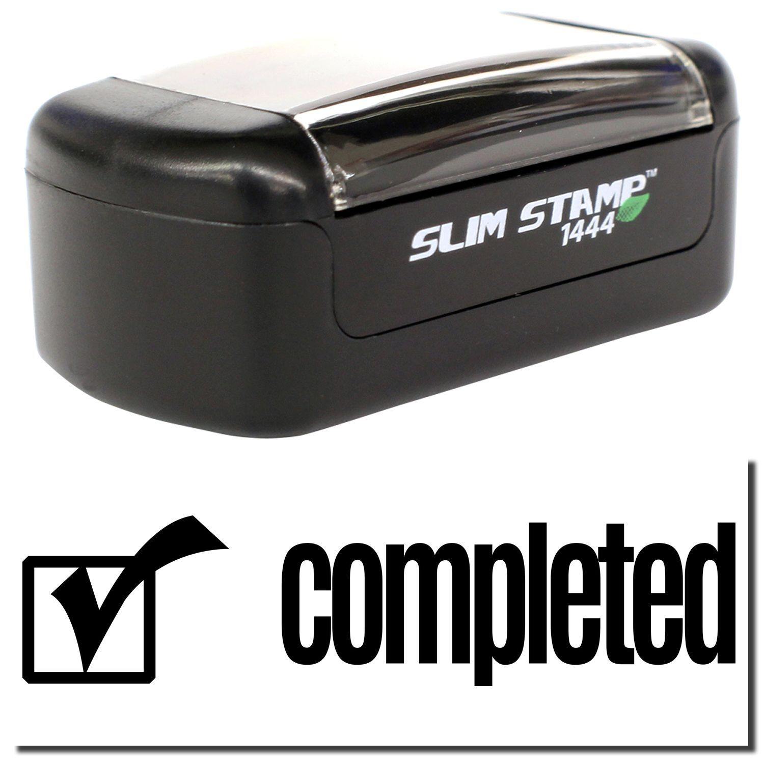 A stock office pre-inked stamp with a stamped image showing how the text "completed" with a checkbox on the left side is displayed after stamping.