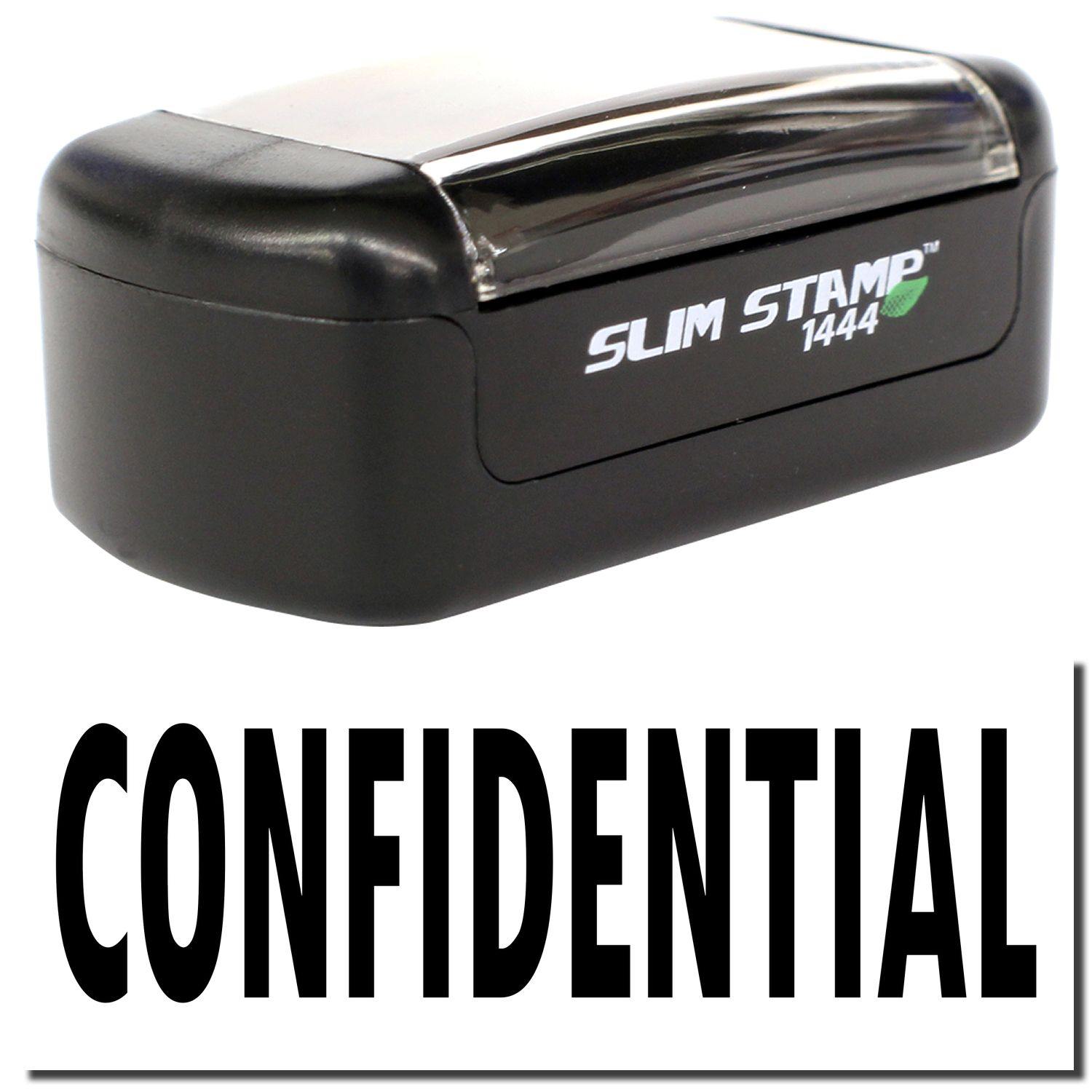 A stock office pre-inked stamp with a stamped image showing how the text CONFIDENTIAL is displayed after stamping.