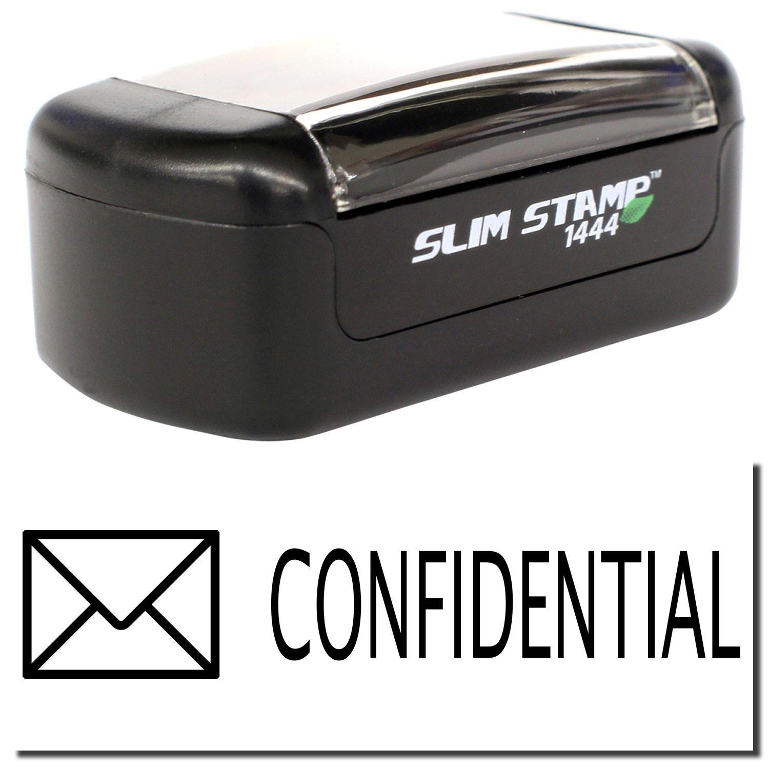 A stock office pre-inked stamp with a stamped image showing how the text CONFIDENTIAL with an envelope image on the left side is displayed after stamping.